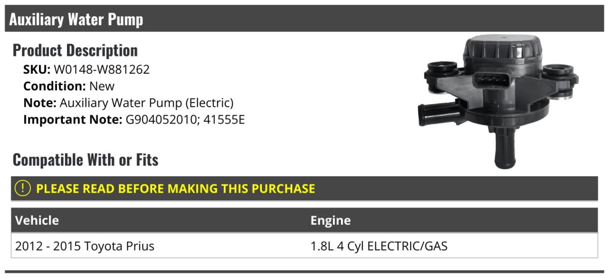 Auxiliary Water Pump For 2012 2015 Toyota Prius 1 8l 4 Cylinder Electric Gas Model W0148-w881262