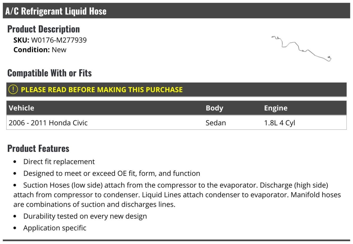 A C Liquid Hose For 2006-2011 Honda Civic Sedan 1 8l 4-cylinder