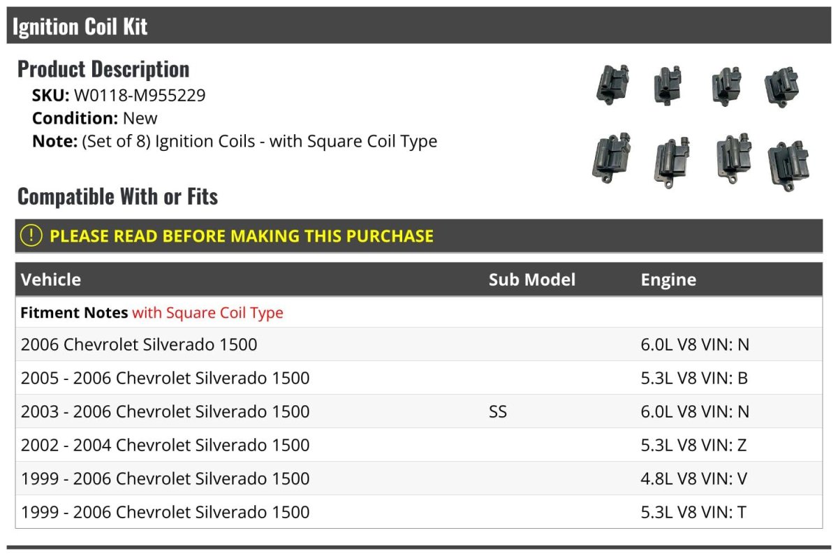Ignition Coil Kit 8-piece Square Type For 1999-2006 Chevy Silverado 1500 Ss