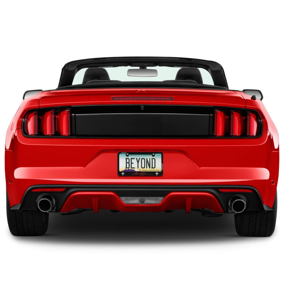 Ford Mustang Script In Red Dual Logos Black Metal License Plate Frame