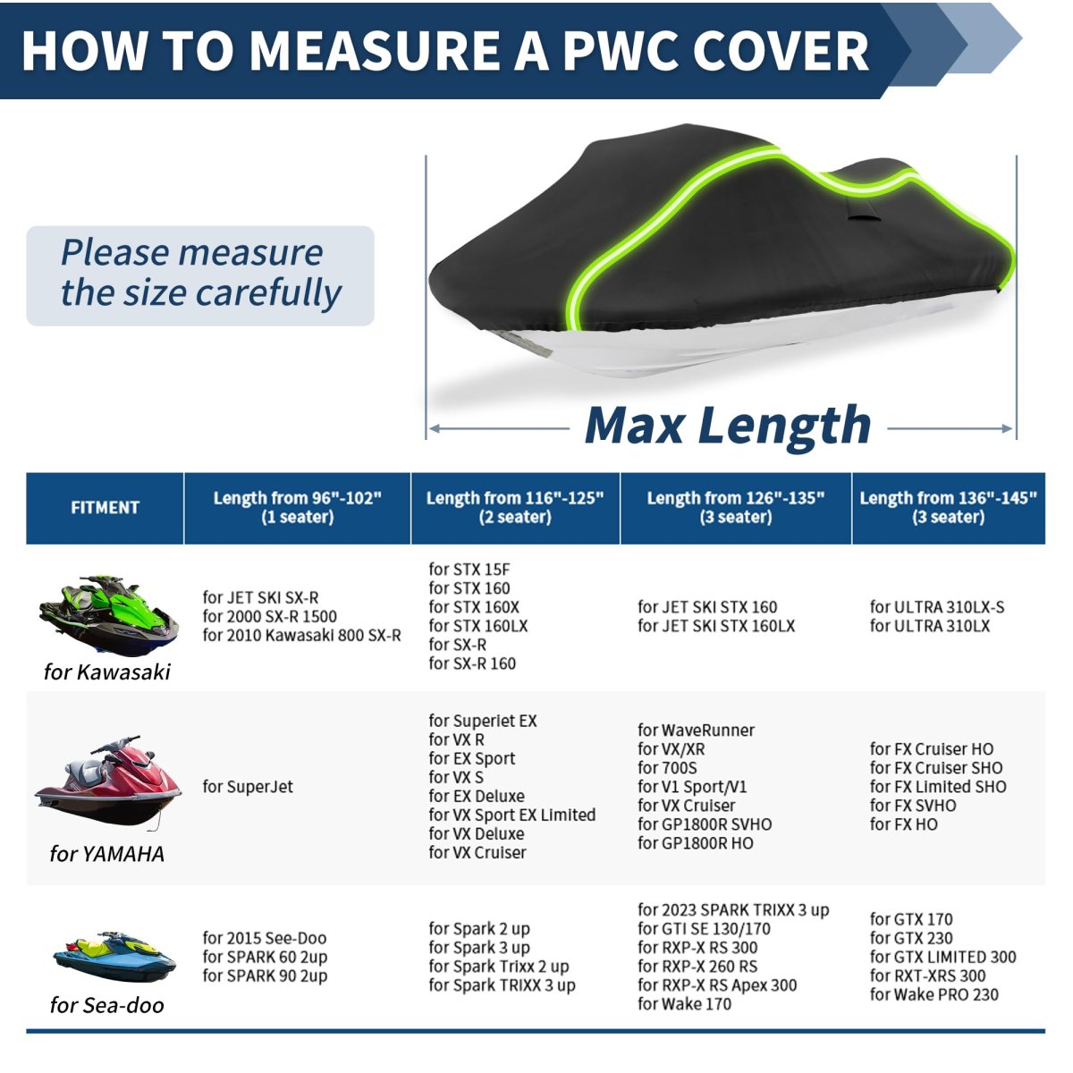 Waterproof Jet Ski Cover For 116 In To 125 Seater Pwc 300d Oxford Fabric Anti Uv Trailerable With 2 Air Vents And 10 Straps