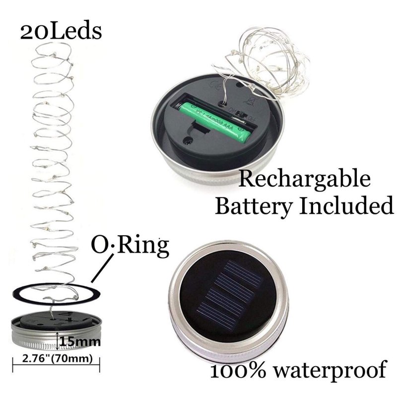 8 Pack Solar Mason Jar Lid Lights 20 Led Warm White Fairy String For Garden Patio Deck Wedding Waterproof Outdoor Indoor
