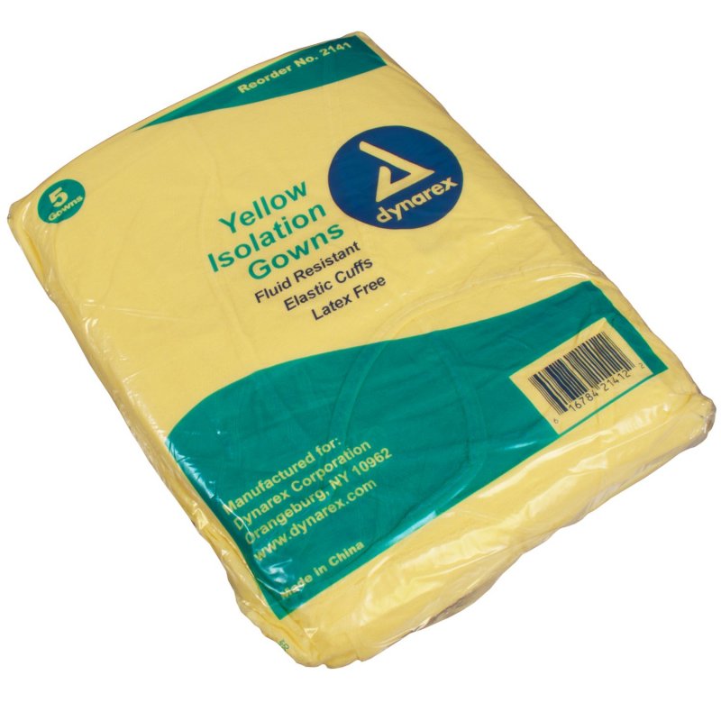 Dynarex Isolation Gown Fluid Resistant Yellow Full Back 50 Count