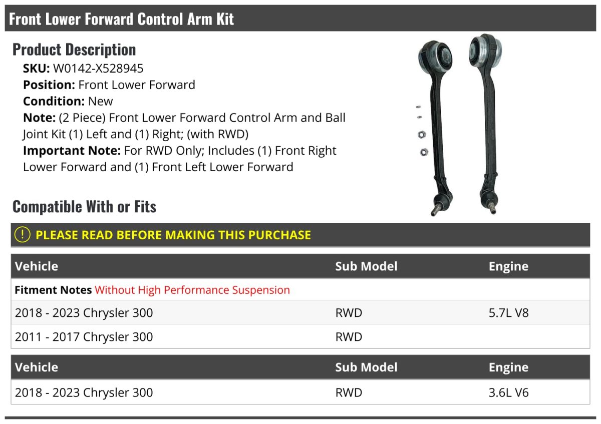 Front Lower Forward Control Arm Kit With Ball Joints Set Of 2 For 2011-2023 Chrysler 300 Rwd Without High Performance
