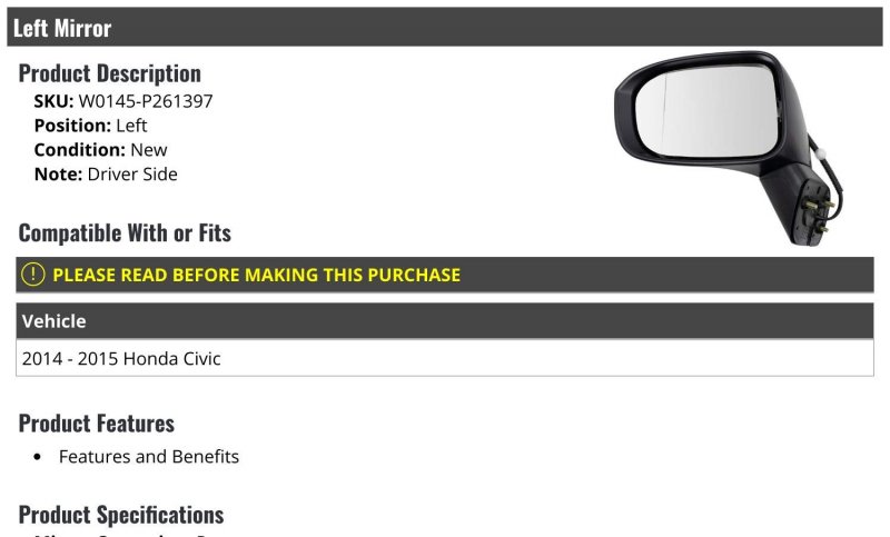 Left Driver Side Power Mirror Textured Black For 2014-2015 Honda Civic