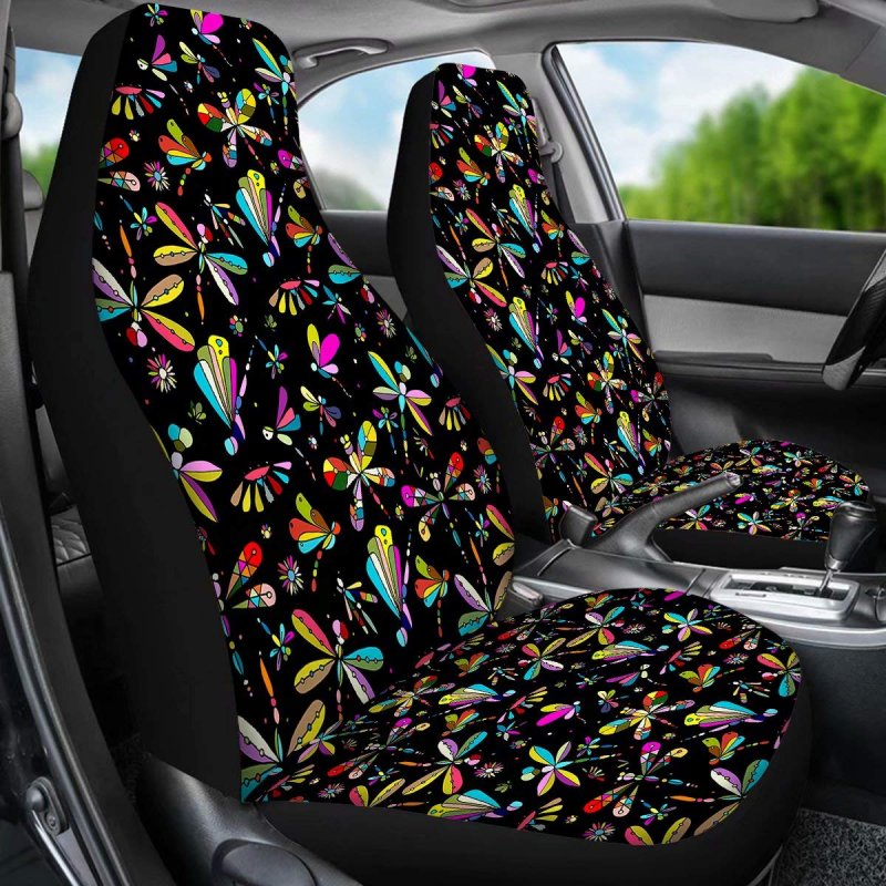 Geprint Cartoon Colorful Dragonfly Print Full Set Of 6 Pcs Front Bucket Seat Cover With 15 Inch Steering Wheel Safety Belt