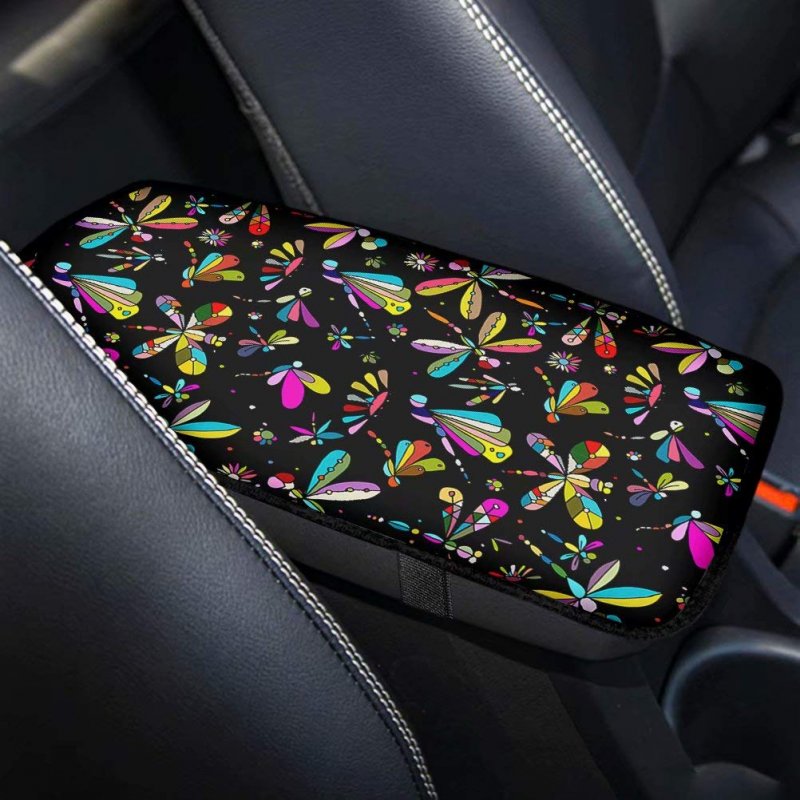 Geprint Cartoon Colorful Dragonfly Print Full Set Of 6 Pcs Front Bucket Seat Cover With 15 Inch Steering Wheel Safety Belt