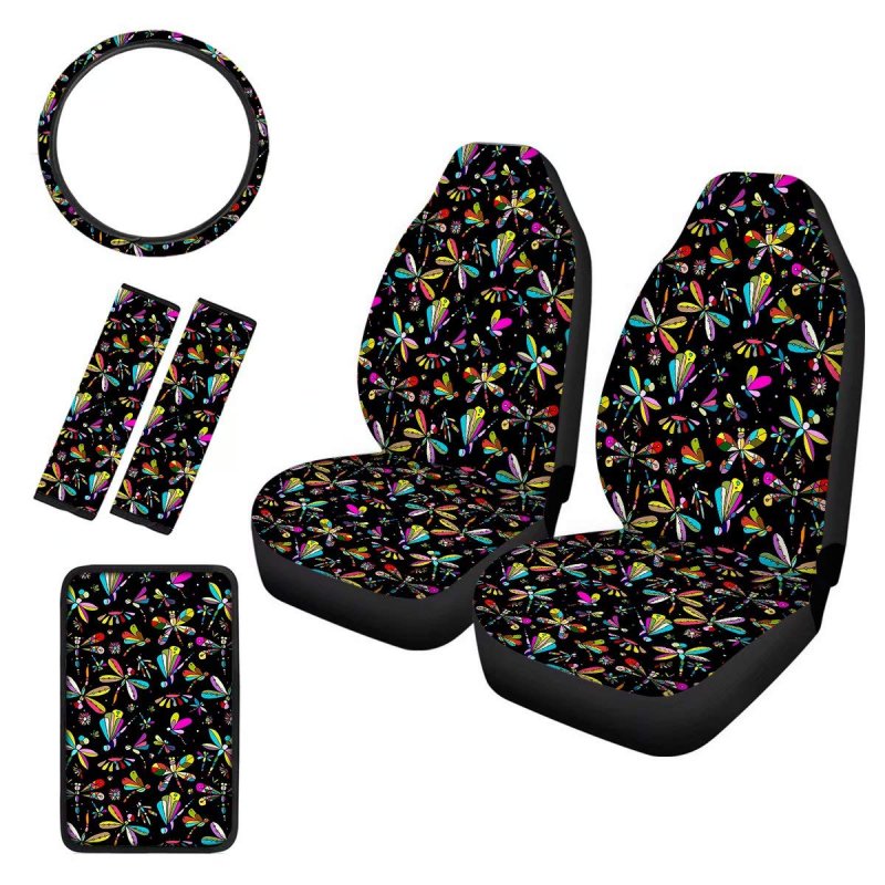 Geprint Cartoon Colorful Dragonfly Print Full Set Of 6 Pcs Front Bucket Seat Cover With 15 Inch Steering Wheel Safety Belt