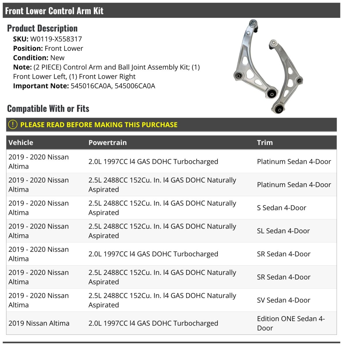 Front Lower Control Arm Kit With Ball Joints Set Of 2 For 2019 2020 Nissan Altima W0119-x558317