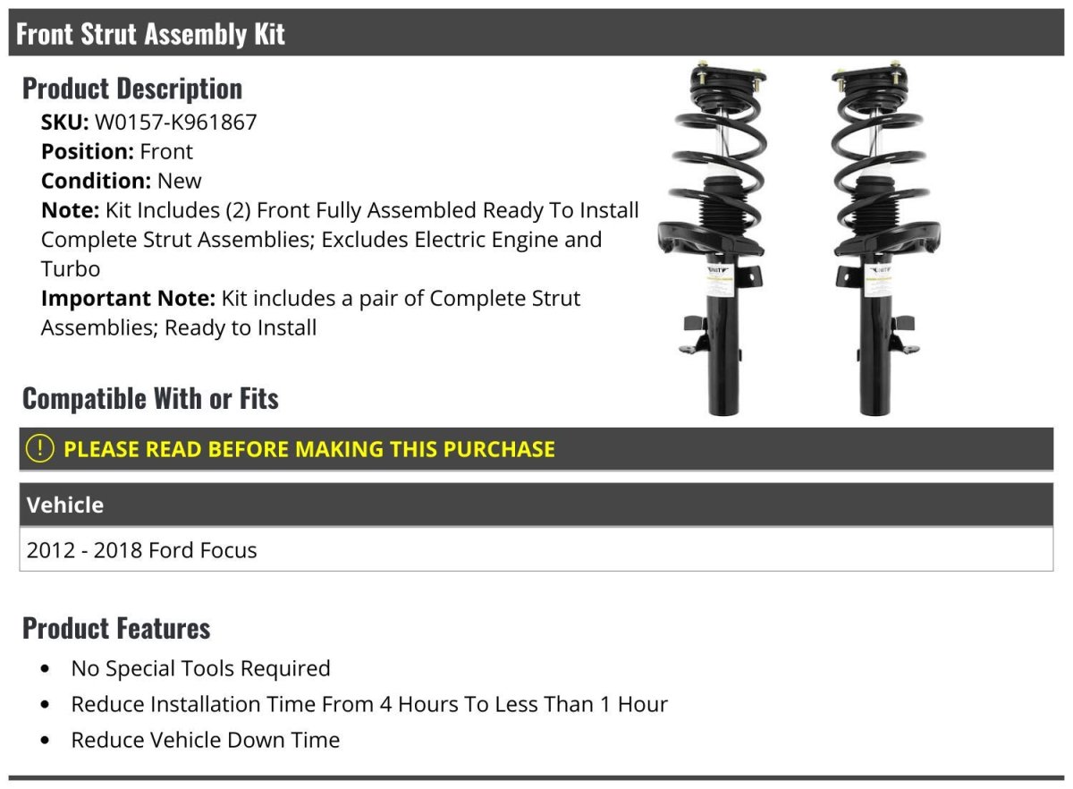 Front Strut And Coil Spring Assembly 2 Piece Kit For 2012-2018 Ford Focus Excludes Electric Engine Turbo