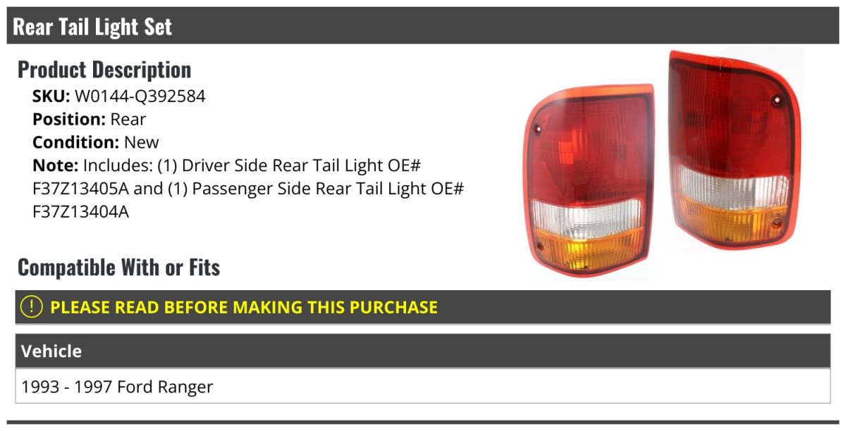 Rear Tail Light Assembly Set Of 2 For 1993-1997 Ford Ranger