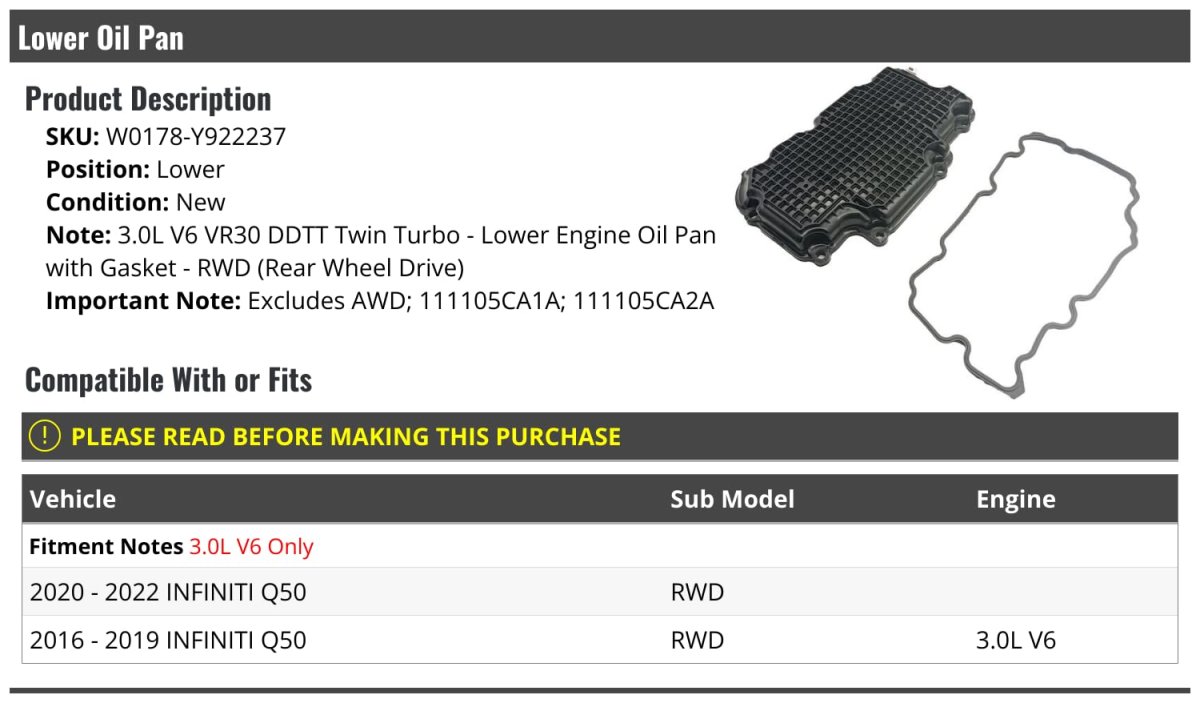 Lower Oil Pan With Gasket For 2016 To 2022 Infiniti Q50 Rwd 3 0l V6 Vr30 Ddtt Twin Turbo Fits Rear Wheel Drive Only