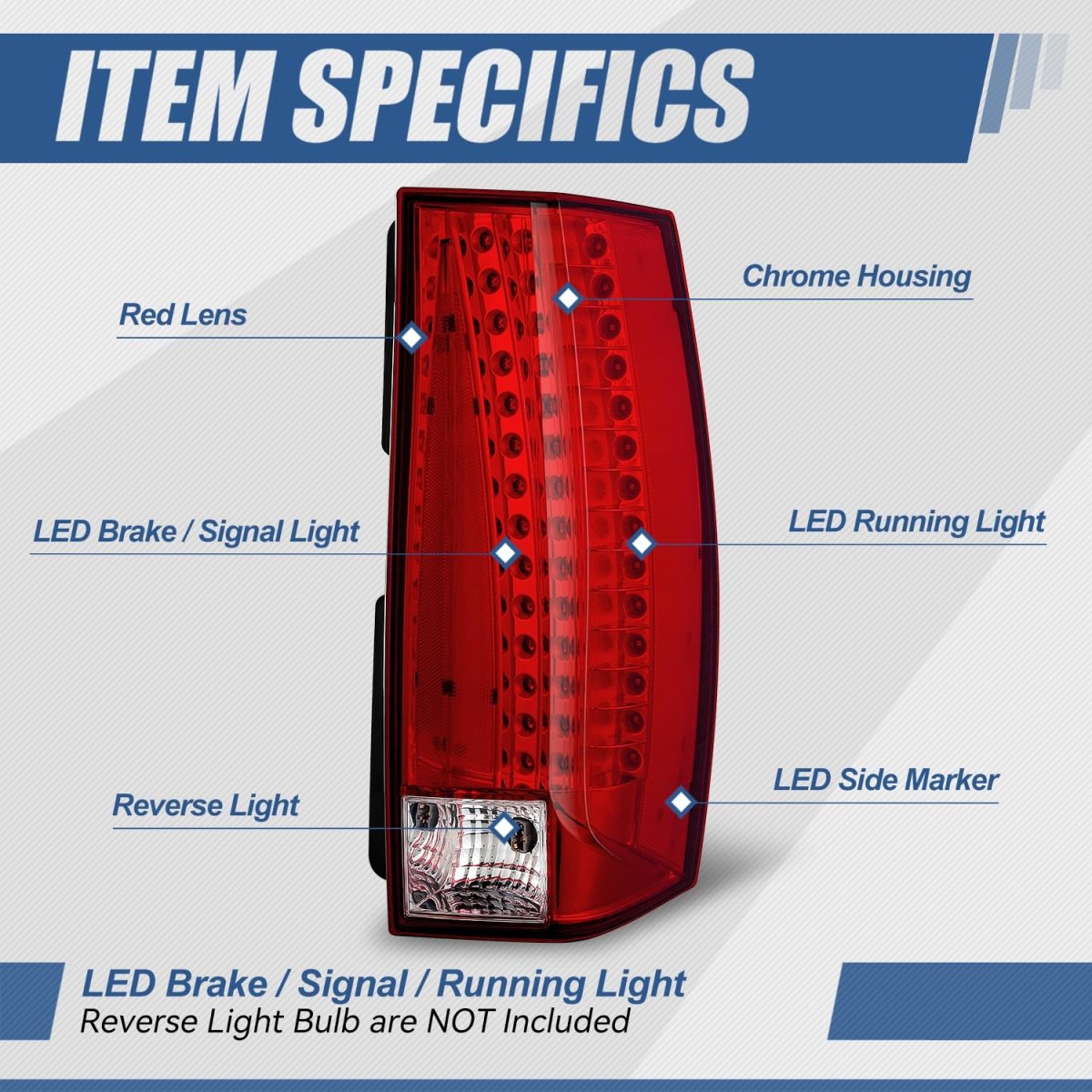 Auto Dynasty Tail Light Assembly For 2007-2014 Cadillac Escalade Esv Passenger Right Side Chrome Housing Clear Red Lens