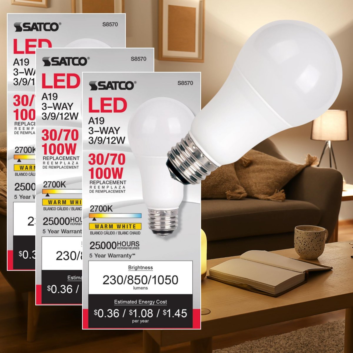 Satco S8570 3-way Led Bulb A19 3w 9w 12w 30 70 100w Eq 2700k Warm White E26 Base Frosted 230 850 1050 Lumens 120v 90 Cri