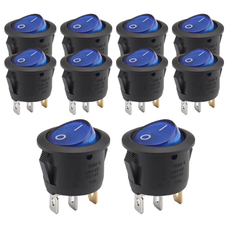 Baomain Rocker Switch Spst On Off 3 Pins Orange Led Light Blue Round Cap Ac 250v 6a 125v 10a Pack Of 10