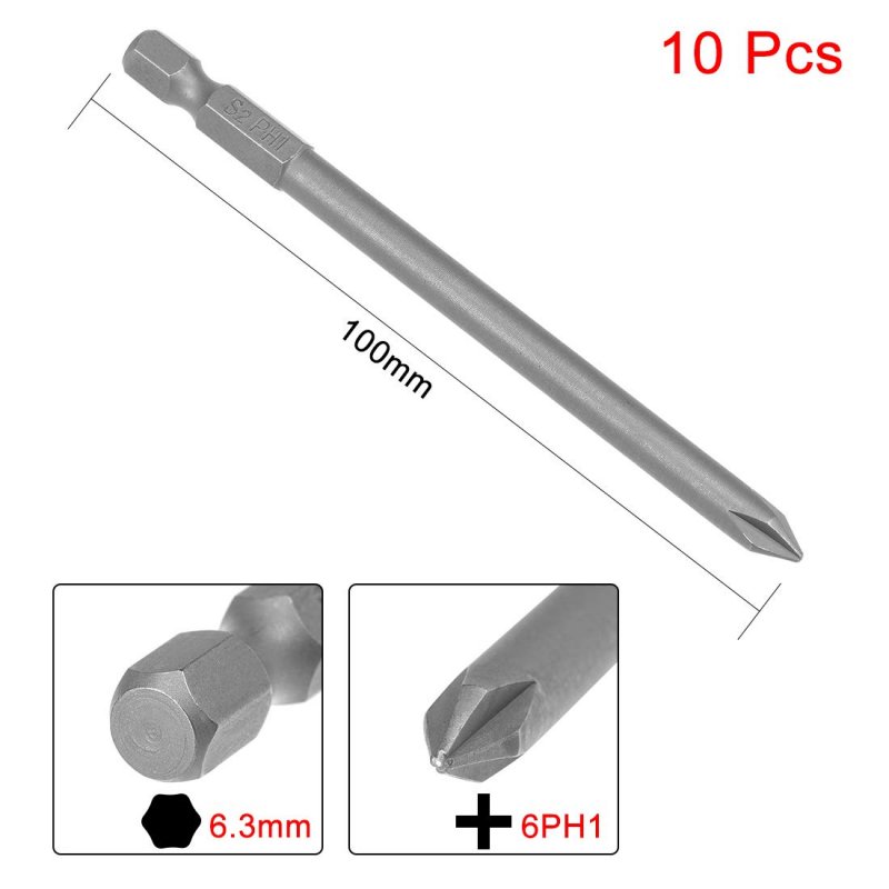 A 10 Pcs 1 4 Shank 100mm Length 6mm Phillips Ph1 Magnetic S2 Screwdriver Bits