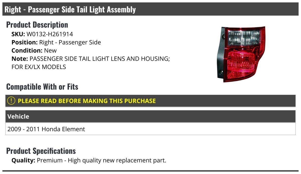 Right Passenger Side Tail Light Assembly For 2009 2011 Honda Element Ex Lx Models Red Polycarbonate Lens With Led Source