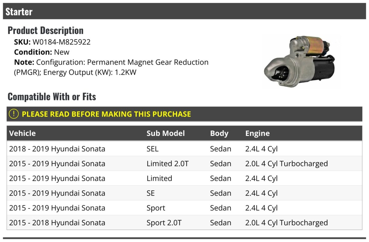 Starter Motor For 2015-2019 Hyundai Sonata Sedan