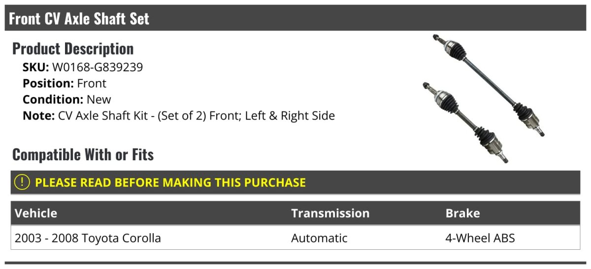 Front Cv Axle Shaft Set Of 2 For 2003-2008 Toyota Corolla Automatic Transmission With 4-wheel Abs Brakes