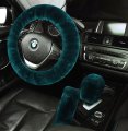 U M 3 Pcs Set Fluffy Genuine Sheepskin Car Steering Wheel Cover With Handbrake Gear Shift Fuzzy Wool Fur Soft Warm Winter Dark