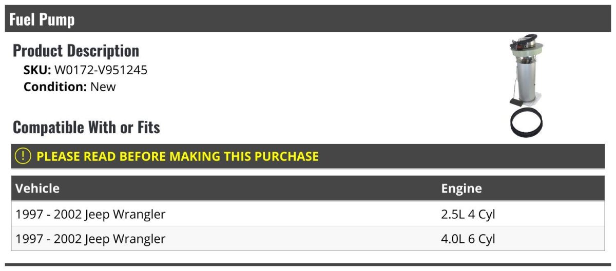 Fuel Pump For 1997-2002 Jeep Wrangler
