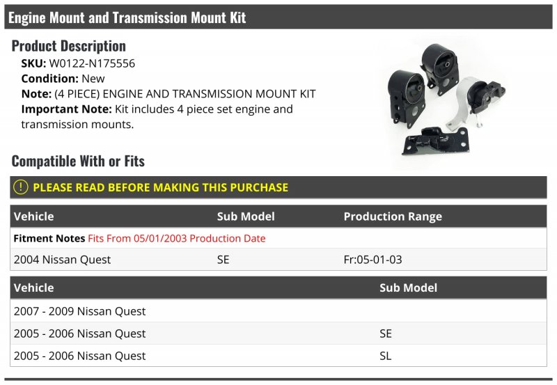 Engine And Transmission Mount Kit 4 Piece For 2004 2009 Nissan Quest Fits Se 2005 Sl Models From 05 01 2003 Production Date