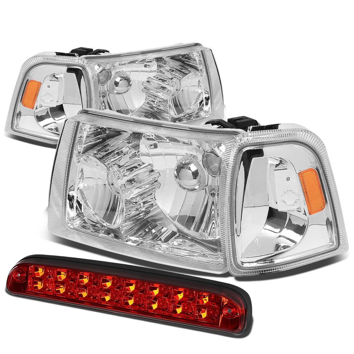 Auto Dynasty For Ford Ranger Pair Of Chrome Housing Amber Corner Headlight Red Lens Led 3rd Brake Light
