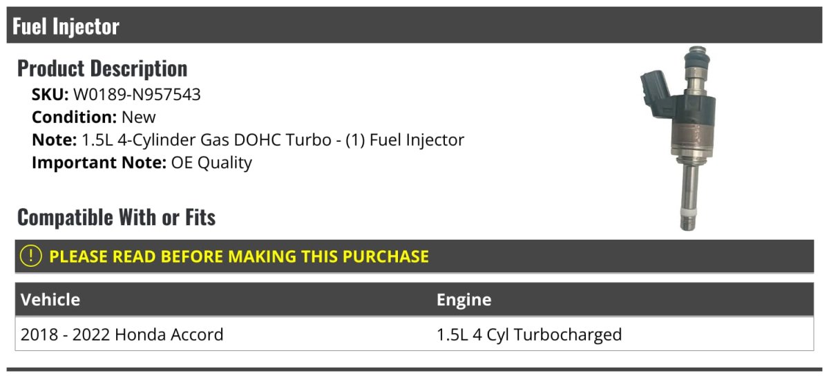 Fuel Injector For 2018 To 2022 Honda Accord 1 5l 4 Cylinder Dohc Turbocharged W0189-n957543