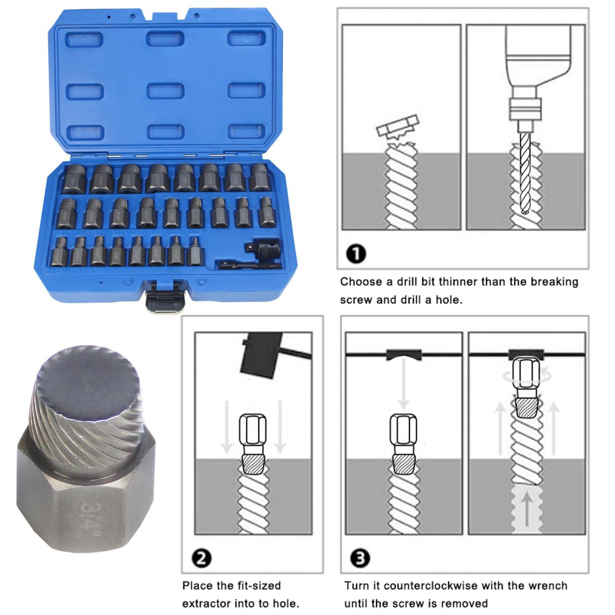 27-pieces Double Head Screw Extractor Set Easy Out Bolt Remover Kit Hex Multi-spline Stripped Rounded Damaged Broken Removal