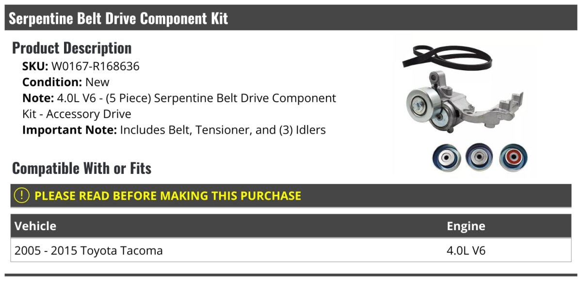 Serpentine Belt Drive Component Kit 5-piece Accessory For 2005-2015 Toyota Tacoma 4 0l V6