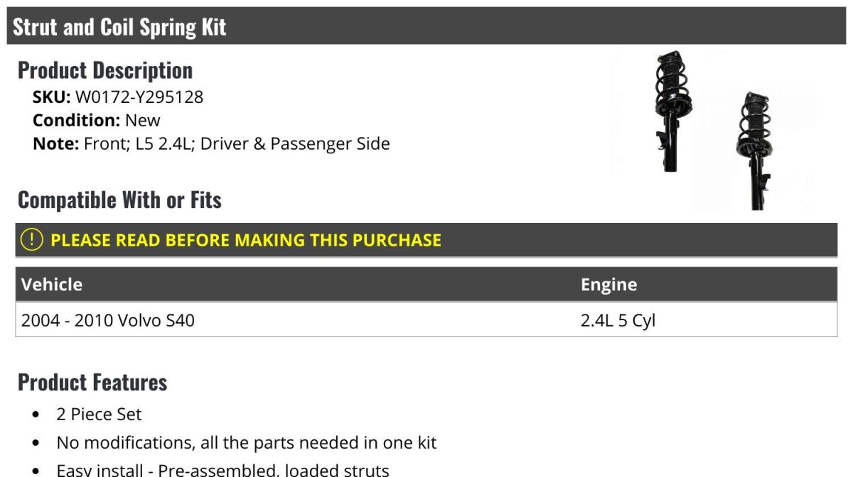Front Strut And Coil Spring Set Of 2 Compatible With004-2010 Volvo S40 2 4l 5-cylinder