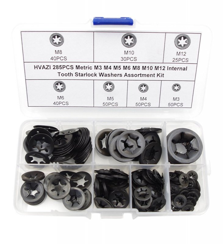 Hvazi 285pcs Metric M3 M4 M5 M6 M8 M10 M12 Internal Tooth Starlock Washers Assortment Kit External Push Rings On
