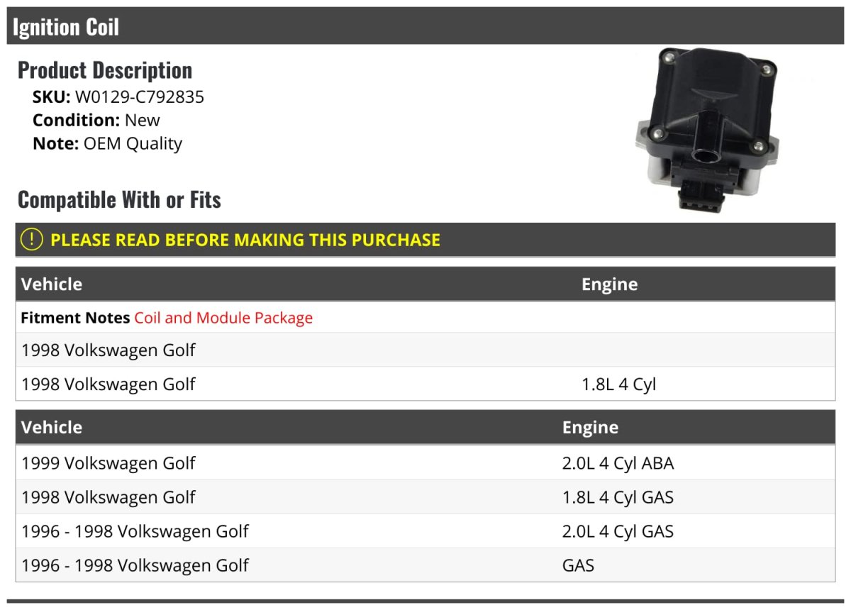 Ignition Coil For 1996-1999 Volkswagen Golf