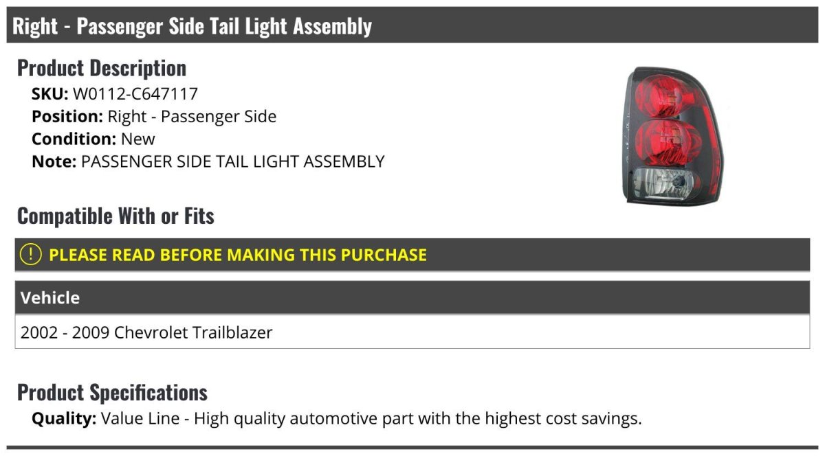 Right Passenger Side Tail Light Assembly For 2002-2009 Chevy Trailblazer