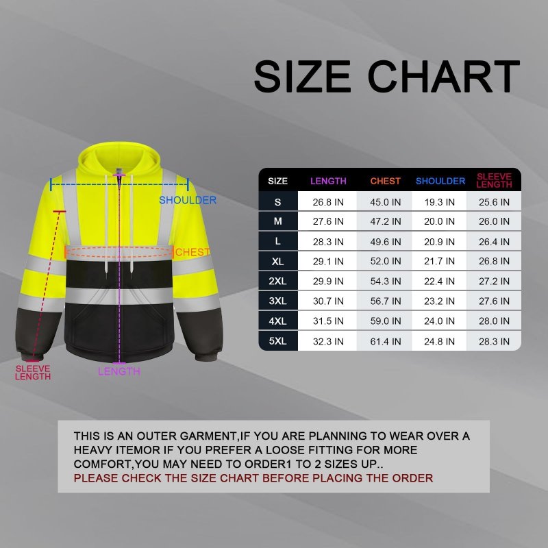 Tccfcct High Visibility Hoodie For Men Women Class 3 Hi Vis Sweatshirts With Zipper Reflective Safety Jackets Construction