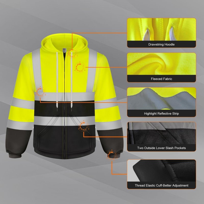 Tccfcct High Visibility Hoodie For Men Women Class 3 Hi Vis Sweatshirts With Zipper Reflective Safety Jackets Construction