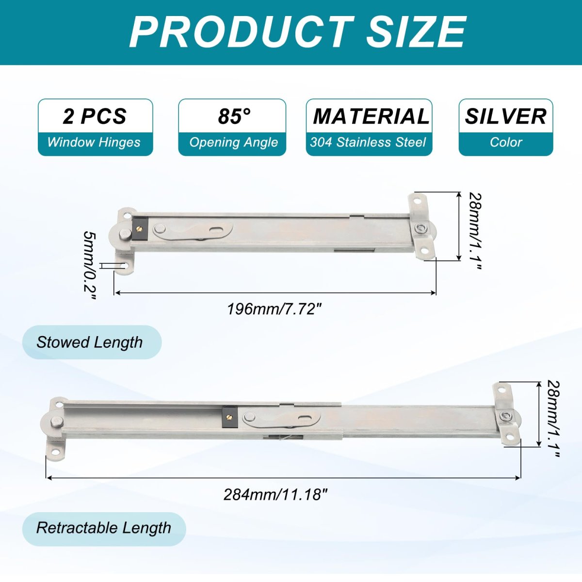 2pcs Window Hinges 8 304 Stainless Steel Top-hung Stays Adjustable Telescopic Support Hardware Kit Angle Controller Silver