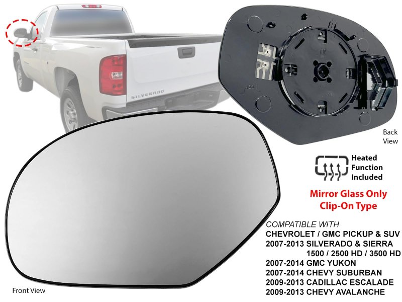 Mirror Glass Power Heated For 2007 2013 Sierra Silverado 1500 2500 3500 Pickup Truck Left Driver Side Flat Gm1324137
