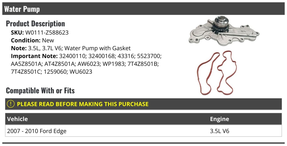 Water Pump With Gaskets For 2007-2010 Ford Edge 3 5l V6
