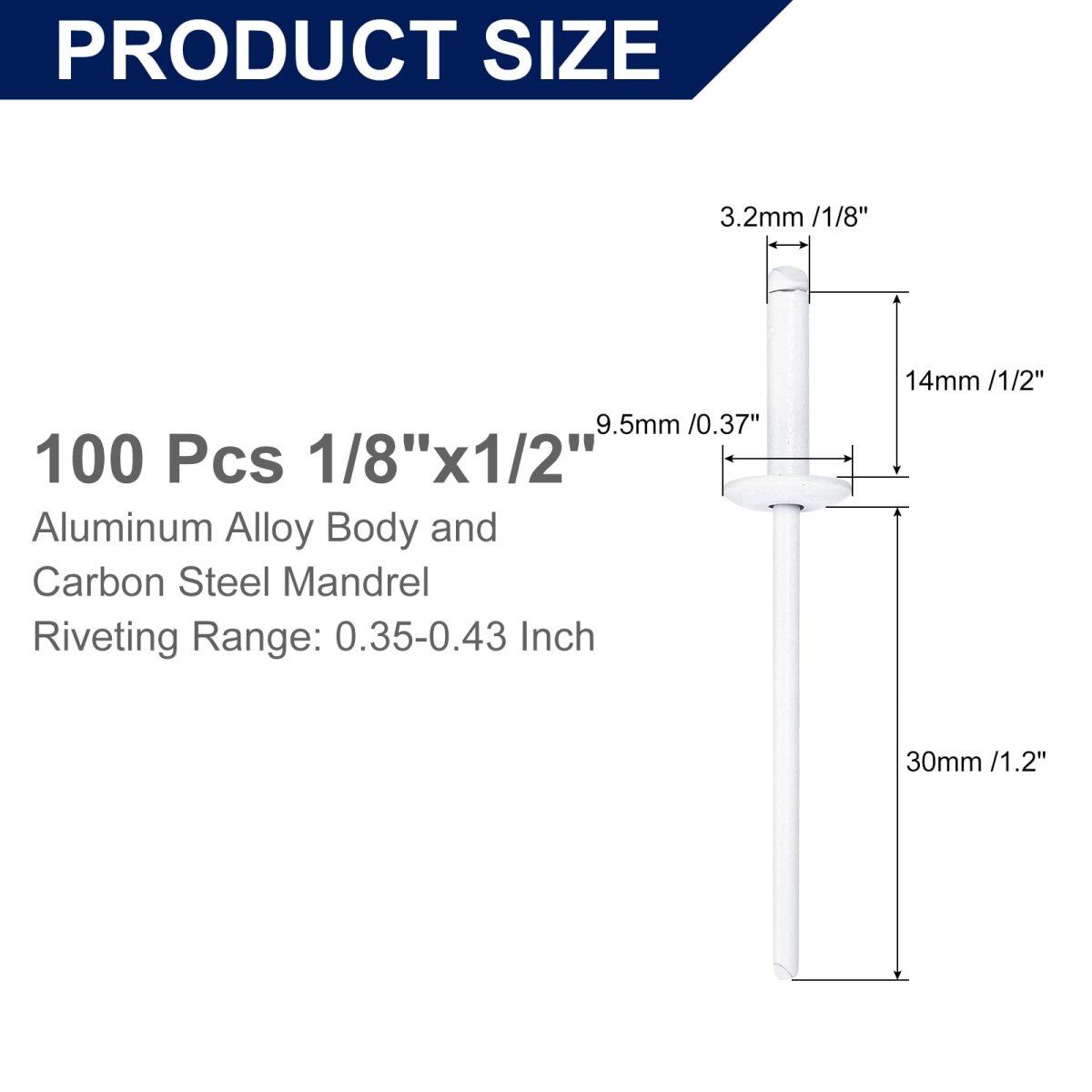 100pcs 1 8 X1 2 Aluminum Blind Rivets Grip And Steel Mandrel Large Flange Fastener For Metal Furniture Automotive White