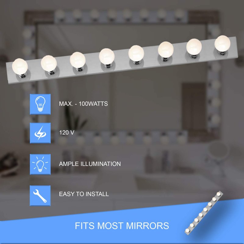 Dysmio Lighting Eight Light Vanity Strip Hollywood Style Mirror Fixture With Brushed Nickel Plates A Salon-grade Accessories