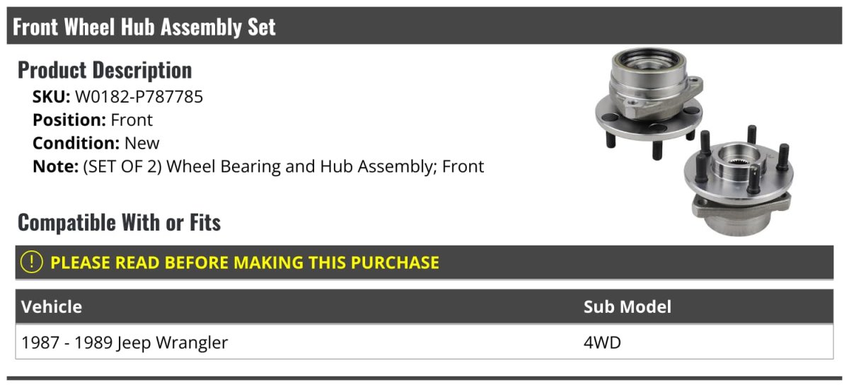 Front Wheel Bearing And Hub Assembly Set Of 2 For 1987 To 1989 Jeep Wrangler 4wd