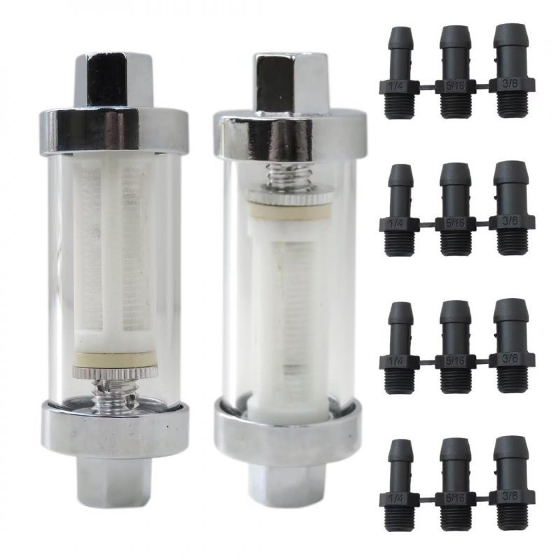 2x Universal 1 4 5 16 3 8 Chrome Glass Reusable Washable Inline Fuel Filter For Petrol Diesel Water Hose Pipe 6 10mm
