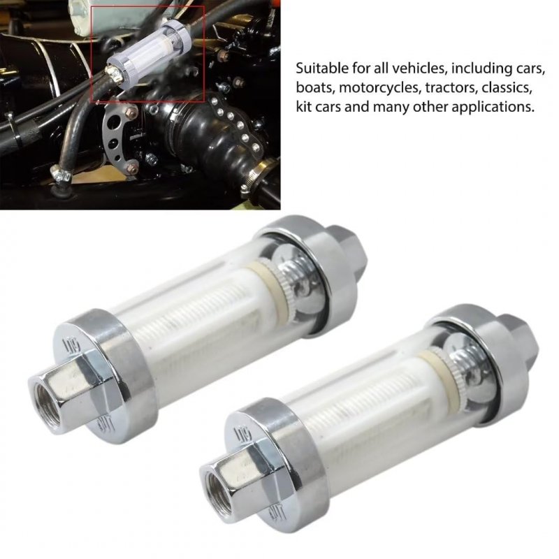 2x Universal 1 4 5 16 3 8 Chrome Glass Reusable Washable Inline Fuel Filter For Petrol Diesel Water Hose Pipe 6 10mm