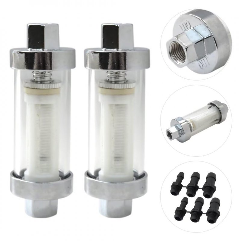 2x Universal 1 4 5 16 3 8 Chrome Glass Reusable Washable Inline Fuel Filter For Petrol Diesel Water Hose Pipe 6 10mm