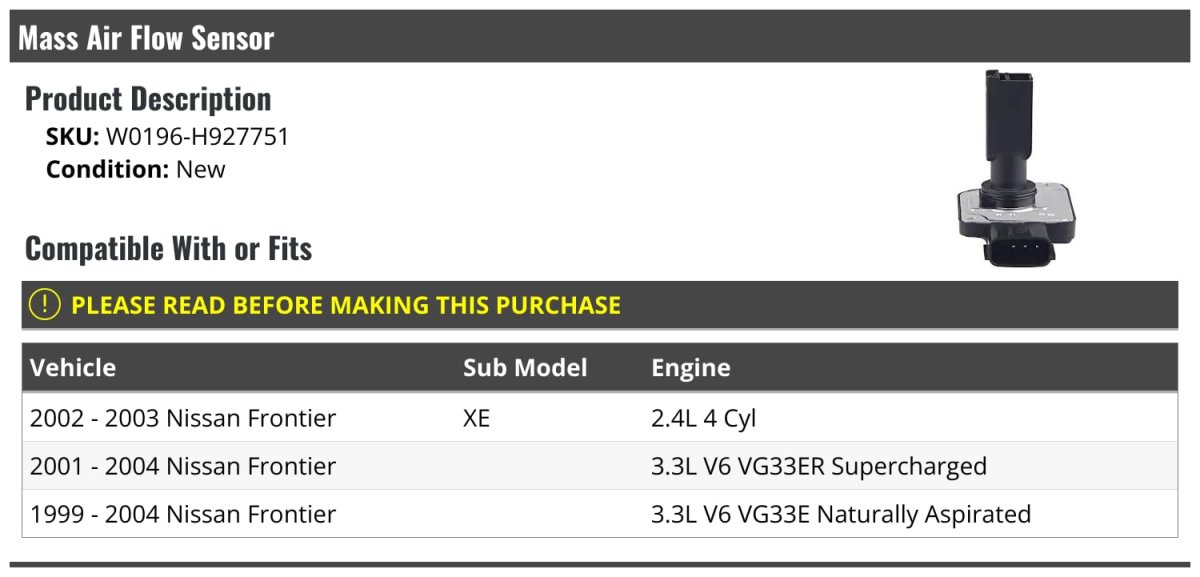 Mass Air Flow Sensor For 1999 2004 Nissan Frontier Xe Fits 2 4l 4 Cyl And 3 3l V6 Vg33e Vg33er Supercharged Engines