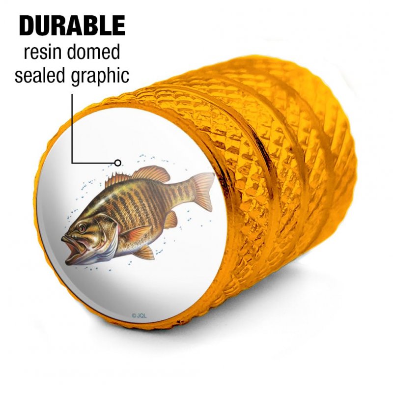 Smallmouth Bass Fishing Valve Stem Caps For Tire Rim Wheel Yellow Aluminum Schrader Type Air Covers 4 Pieces