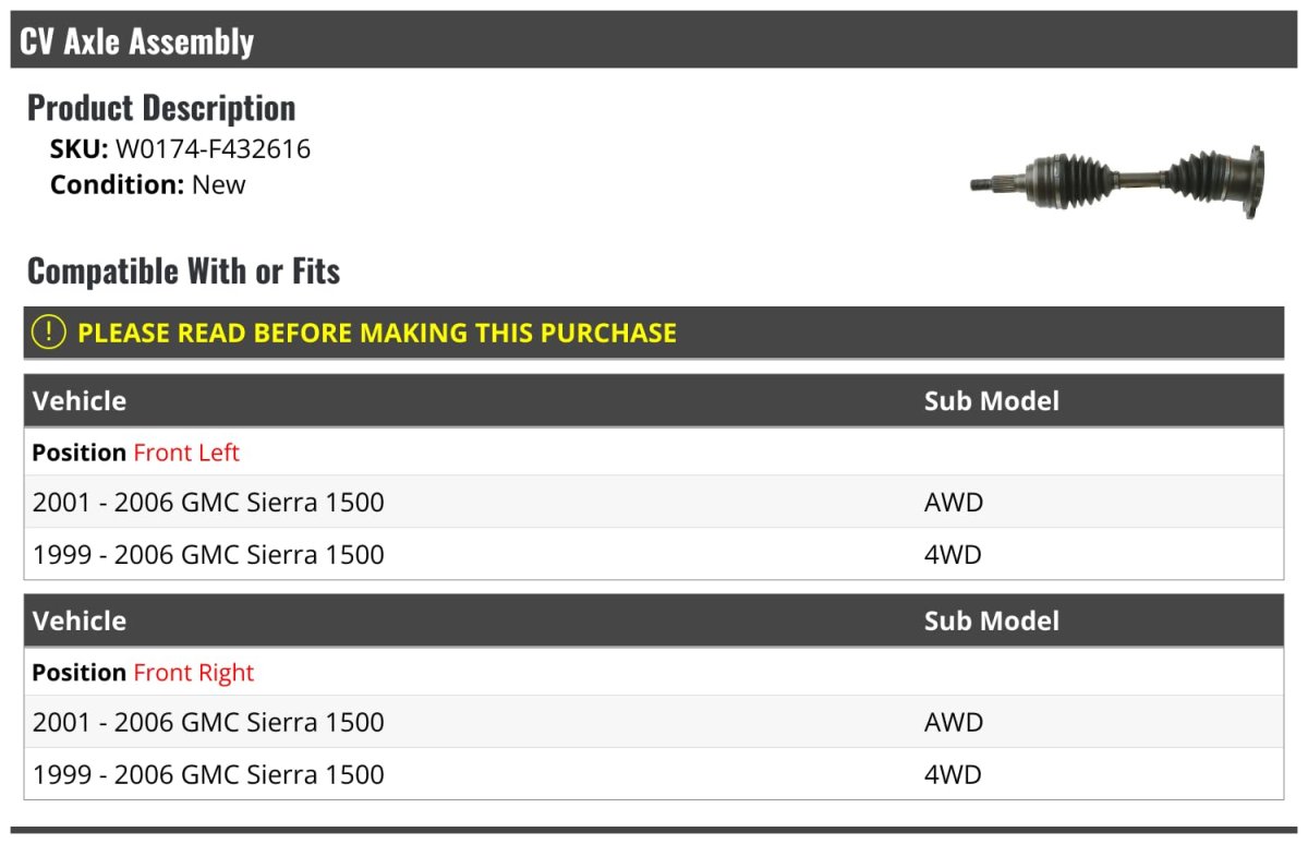 Front Cv Axle Assembly For 1999-2006 Gmc Sierra 1500