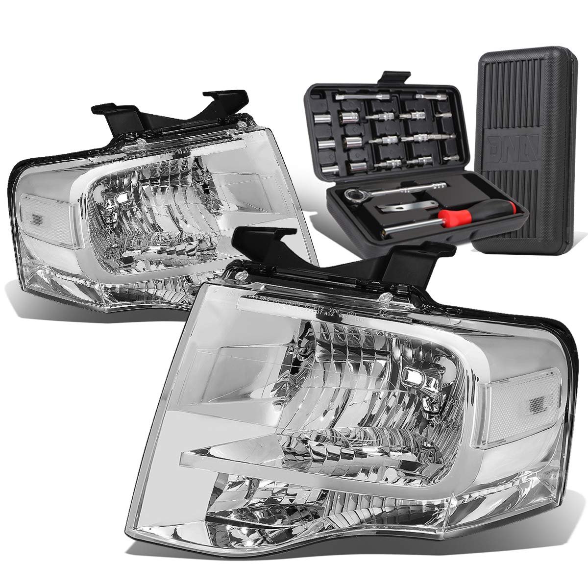 Auto Dynasty Chrome Housing Clear Corner Headlight Head Lamps Tool Kit For Ford Expedition 07-14
