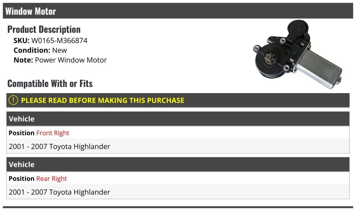 Right Passenger Side Power Window Motor Front Or Rear For 2001 To 2007 Toyota Highlander W0165-m366874